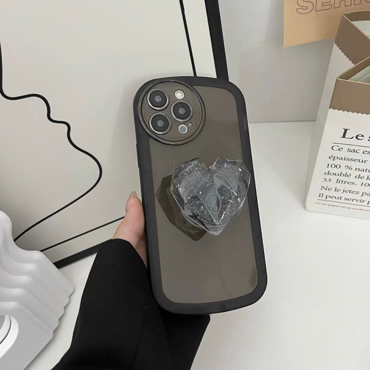 Crystal Love Resin Heart Pop Stone Holder with Transparent Camera Protection